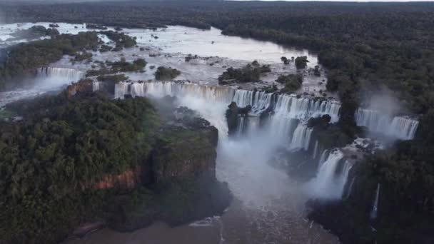 Drone Orbit Giant Crashing Iguazu Falls Border Brazil Argentina Panoramic — Stock Video