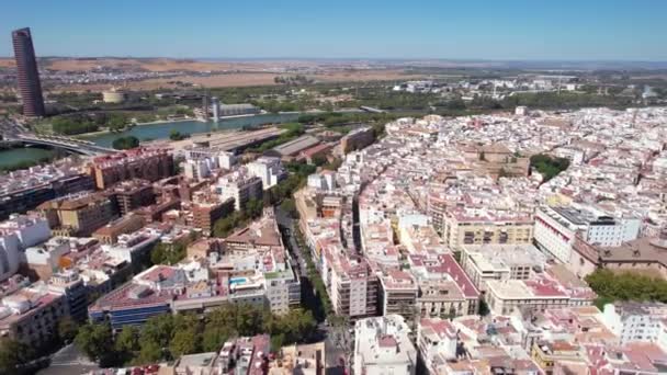 Pemandangan Udara Sevilla Downtown Neighborhood Streets Buildings Canal Torre Sevilla — Stok Video