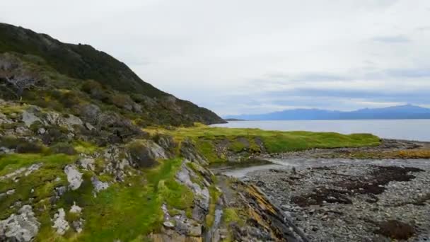 阿根廷乌斯怀亚巴塔哥尼亚岩石海岸的无人机视频 在比格尔海峡旁边 海洋和山脉 — 图库视频影像