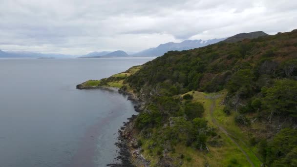 Drone Flyger Framåt Över Kusten Ushuaia Patagonien Argentina Bredvid Beagle — Stockvideo
