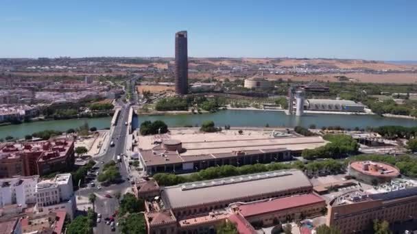 Séville Espagne Vue Aérienne Tour Bureau Torre Sevilla Circulation Pont — Video