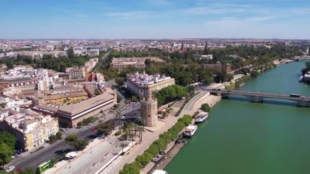 Sevilla Spanien Cityscape Skyline Flygfoto Över Torre Del Oro Universitet — Stockvideo