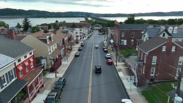 Маленьке Місто Сша Wright Tsville Пенсильванія Річкою Susquehanna Заході Сонця — стокове відео