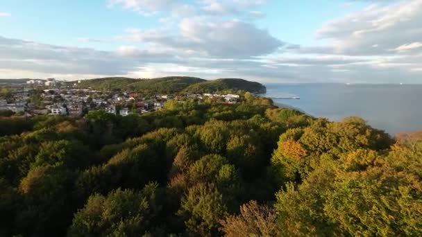 Aerial View Autumnal Trees Baltic Sea Gdynia Orlowo District Sunset — Stock Video