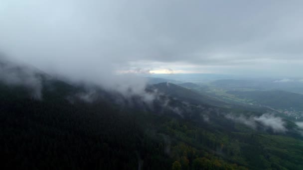 Letecký Pohled Mlhavé Hory Chladného Rána Tmavé Husté Lesy Podzim — Stock video