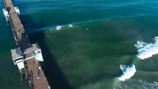 Plan Arial Jetée Bord Océan Surfeurs Avec Brise Vagues — Video