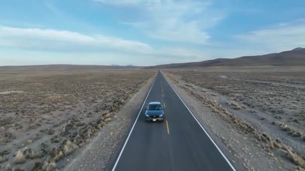 南美洲安第斯山脉一条空旷笔直的公路上的一辆汽车的空中照片 — 图库视频影像