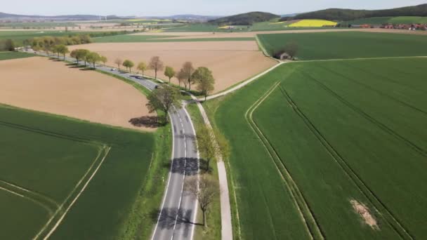 Drone Fly Asphalted Road Countryside Plowed Land Green Field Mountain — Stock Video