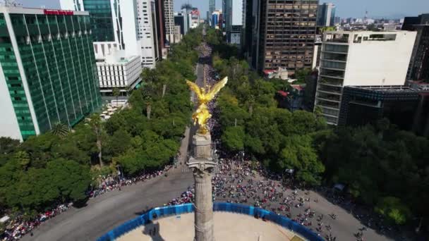 エンジェル インデペンシア像の上空からの眺め メキシコシティのレフォルマ通りでのパレード — ストック動画