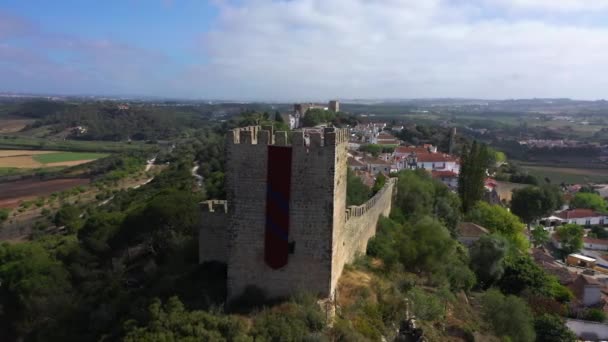 Luchtfoto Rond Stadsmuren Onthullen Het Dorp Obidos Zonnige Oeste Portugal — Stockvideo
