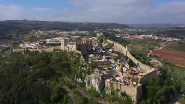 Vista Aérea Torno Fortaleza Castelo Bidos Portugal Ensolarado Órbita Tiro — Vídeo de Stock