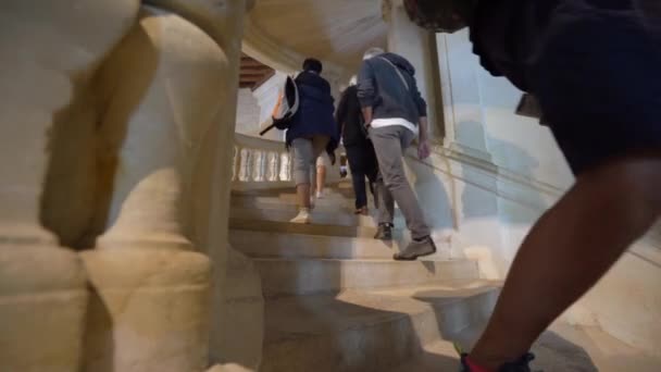 位于法国卢瓦尔河谷的钱伯德城堡的双螺旋双螺旋梯间的游客 — 图库视频影像
