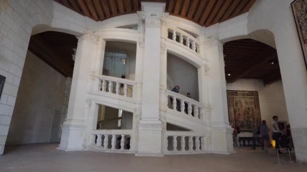 フランスのチャンボード城の有名な二重ヘリックス階段で人々 レオナルド ヴィンチに起因します — ストック動画