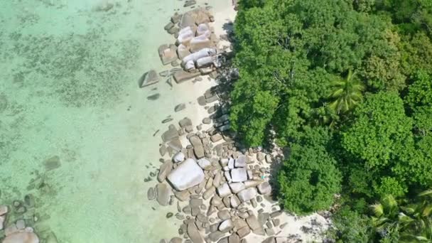 Antenn Toppen Ner Stenig Vit Sand Strand Tropisk Belitung Indonesien — Stockvideo