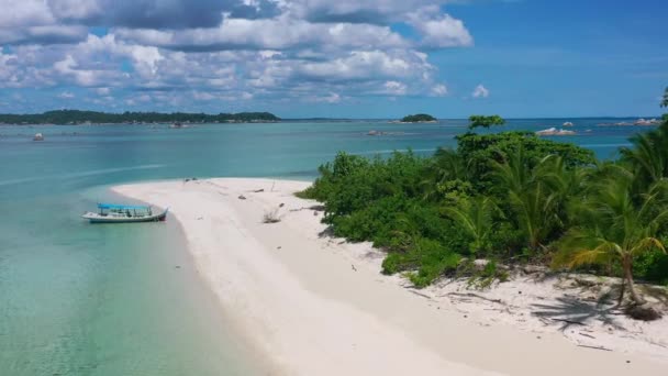 観光客もターコイズブルーの水もない自然のままの白い砂浜の熱帯の島の空中 — ストック動画