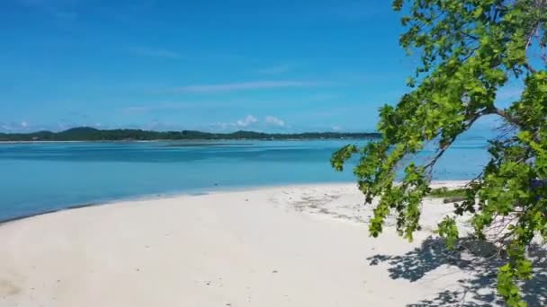 Aerial Couple Camping Pristine White Sand Beach Remote Island Belitung — Stock Video