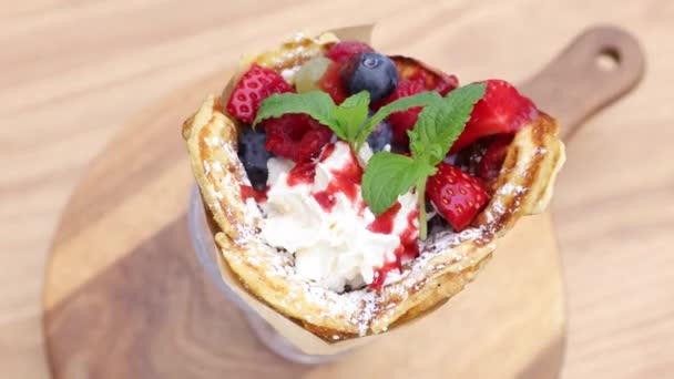 Waffle Glass Cup Decorated Whipped Cream Strawberries Blueberries Mince Fruits — Stock Video