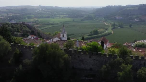 Aerial View Wall Revealing Igreja Santa Maria Church Obidos Town — Stock Video