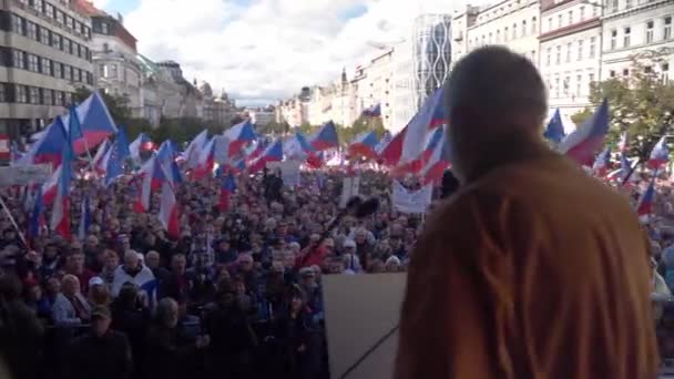Berbicara Kepada Orang Banyak Demonstrasi Dengan Penerjemah Bahasa Isyarat Praha — Stok Video