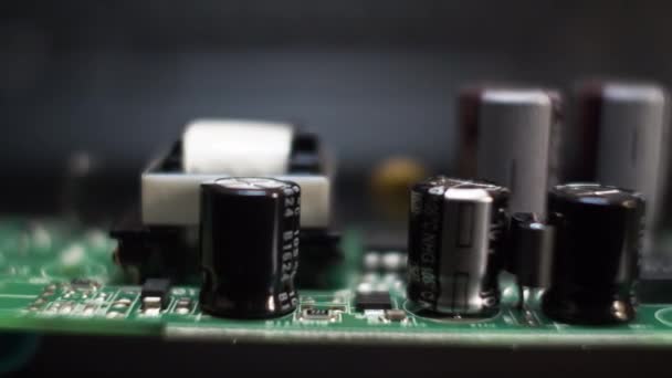 Close Shot Resistors Capacitors Diodes Green Pcb Detail Visible Laminate — Stock Video