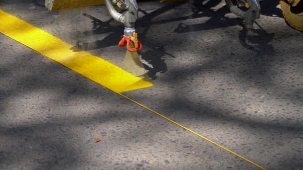 Closeup Slow Motion View Line Striper Machine Painting Yellow Stripes — Stock Video