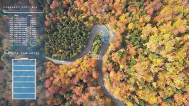 Автономный Электромобиль Движущийся Лесной Дороге Уровнем Батареи Gps Координатами Экране — стоковое видео