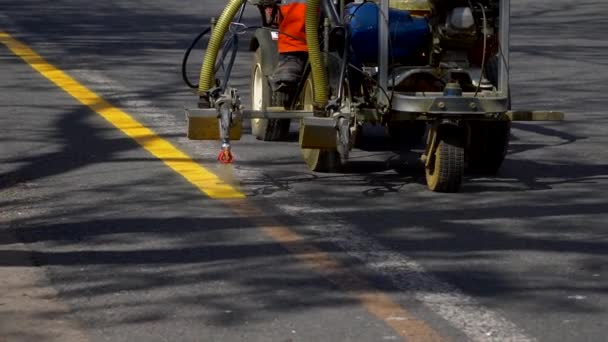 Line Striper Machine Painting Yellow Stripes Bicycle Lane Slow Motion — Stock Video