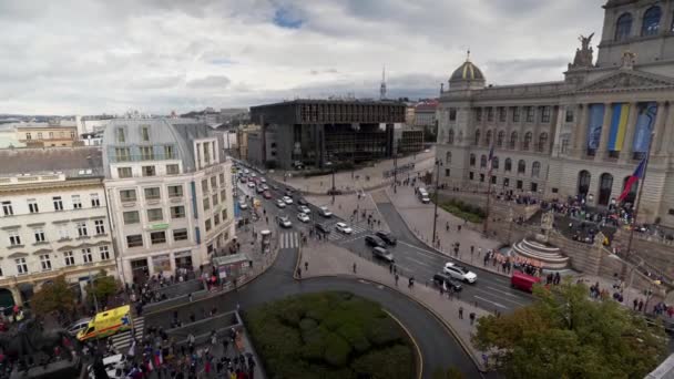 Демонстрации Вацлавской Площади Национальном Музее Прага Антенна — стоковое видео