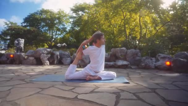 Caucasian Adult Male Practices Yoga Surrounding Ambience Traditional Chinese Temple — Stock Video