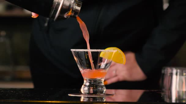 Bartender Pouring Strawberry Lemon Drop Martini Glass Gourmet Restaurant — Stock Video