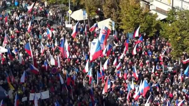 Große Menschenmenge Mit Tschechischen Fahnen Auf Dem Prager Wenzelsplatz — Stockvideo