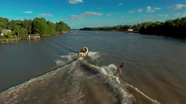 Aerial Person Wakeboarding Tigre Delta Parana Delta Argentina Forward Tracking — Stockvideo