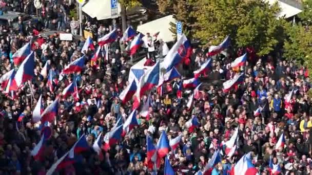 Tschechische Und Kommunistische Fahnen Bei Großdemonstration Prag Geschwenkt — Stockvideo