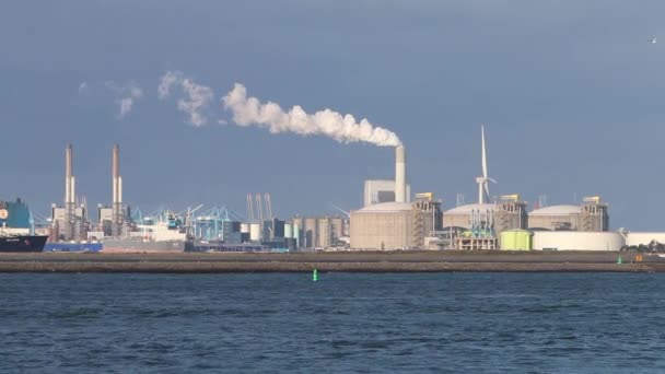 Dock Factories Chimney Emitting Steam Smoke Viewed Water Hook Holland — Stock Video