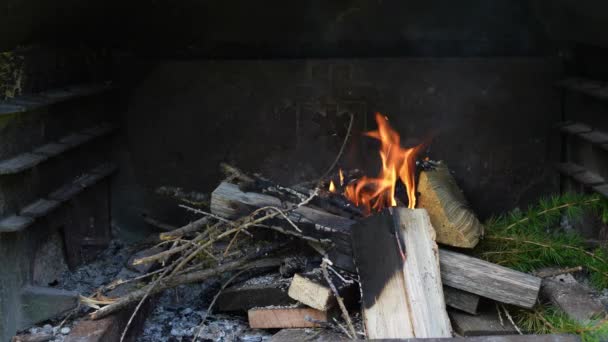 Brand Houtskoolgrill Vlammen Zijn Nog Niet Groot Zijn Kleine Brandjes — Stockvideo