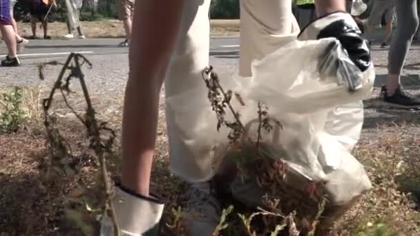 Wolontariusze Zbierający Śmieci Drodze Publicznej Mediolanie Włochy — Wideo stockowe