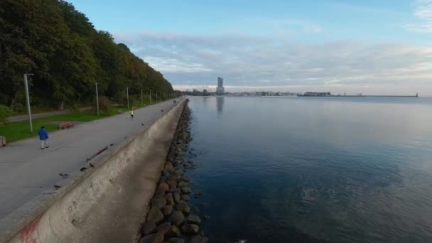 Menschen Auf Dem Boulevard Gdynia Niedriger Drohnenflug Über Küste Vögel — Stockvideo