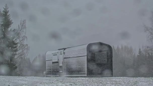 Timelapse Tiro Cabine Madeira Retangular Longo Várias Estações Inverno Frio — Vídeo de Stock