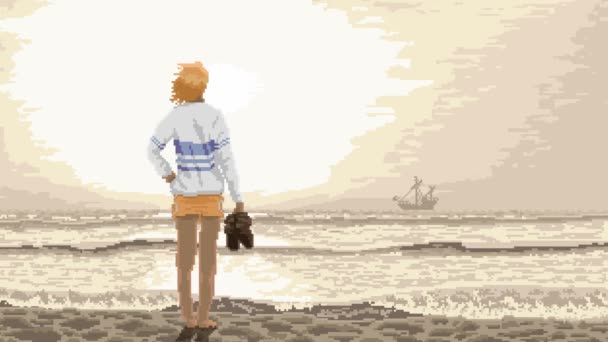 Pixel Τέχνη Της Γυναίκας Που Στέκεται Στην Παραλία Την Εποχή — Αρχείο Βίντεο