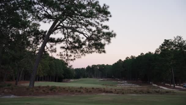太陽が沈む森の真ん中にあるゴルフホールの静的なショット — ストック動画