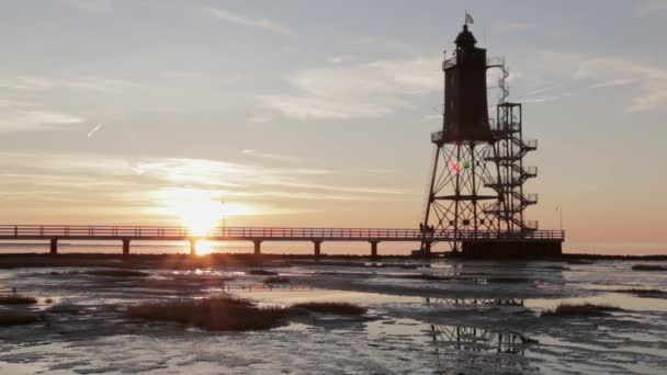 Beasutiful Old Lighthouse North Sea Sunset While Low Tide — Stock Video