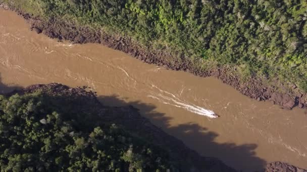 アマゾン熱帯雨林に囲まれたイグアス川でのセーリングボート ブラジルとアルゼンチンの国境 — ストック動画