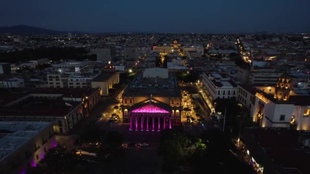 Widok Lotu Ptaka Wokół Podświetlanego Teatro Degollado Noc Guadalajarze Meksyk — Wideo stockowe