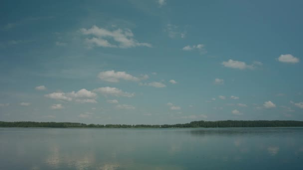 Calm Lake Waters Reflecting Sparse Cloudy Sky Distant Treeline Horizon — Stock Video