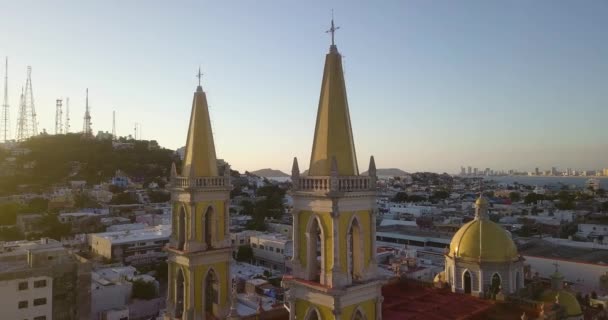 Belfry Steeple Towers Structure Basilica Cathedral Mazatlan Mexico Cross Top — Stock video