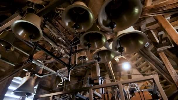 Bell Tower Multitude Beautiful Shining Gloden Bells — Vídeo de stock