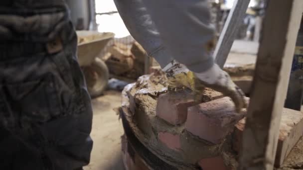 Man Builds Brick Wall Bell Casting Mold Traditional Technique — Stock Video