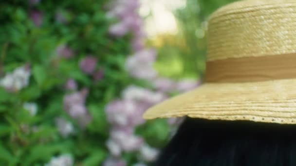 Zwarte Vrouw Loopt Naar Bloemen Lilacs Smelling Volgde — Stockvideo