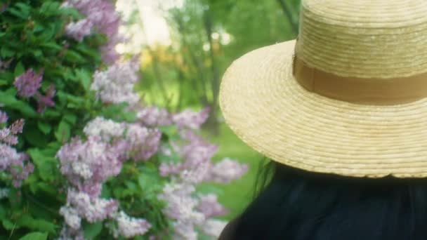 Black Woman Walking Smelling Flowers Lilacs Wide Pan Close — Stock Video