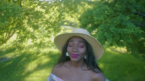 Black Woman Picnic Park Looking Eye Contact Smiling — Vídeos de Stock